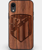 Custom Carved Wood Atletico Madrid iPhone XR Case | Personalized Walnut Wood Atletico Madrid Cover, Birthday Gift, Gifts For Him, Monogrammed Gift For Fan | by Engraved In Nature