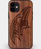 Custom Carved Wood Baltimore Ravens iPhone 12 Mini Case | Personalized Walnut Wood Baltimore Ravens Cover, Birthday Gift, Gifts For Him, Monogrammed Gift For Fan | by Engraved In Nature