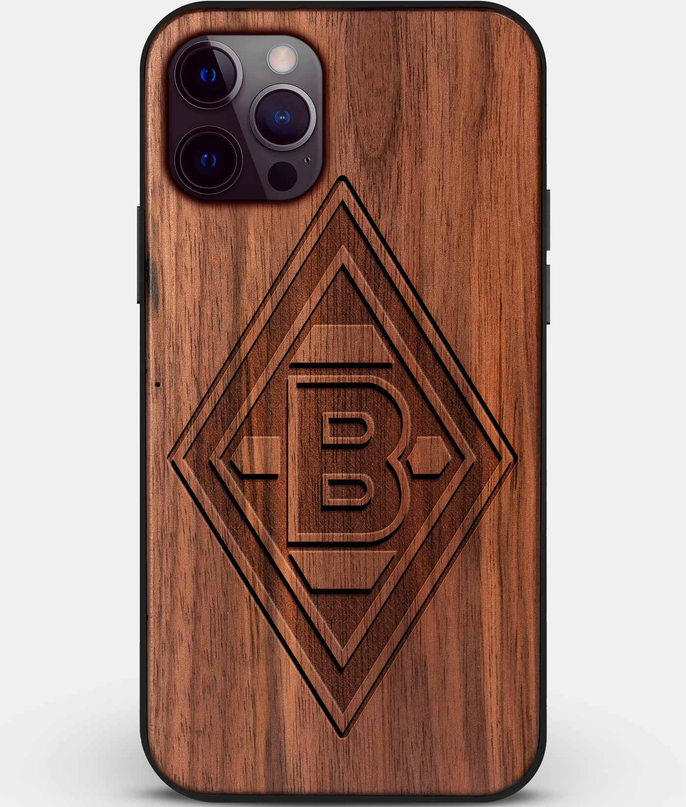 Custom Carved Wood Borussia Monchengladbach iPhone 12 Pro Max Case | Personalized Walnut Wood Borussia Monchengladbach Cover, Birthday Gift, Gifts For Him, Monogrammed Gift For Fan | by Engraved In Nature