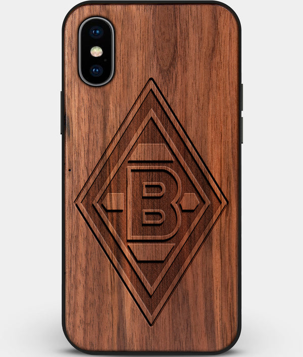 Custom Carved Wood Borussia Monchengladbach iPhone X/XS Case | Personalized Walnut Wood Borussia Monchengladbach Cover, Birthday Gift, Gifts For Him, Monogrammed Gift For Fan | by Engraved In Nature