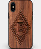 Custom Carved Wood Borussia Monchengladbach iPhone XS Max Case | Personalized Walnut Wood Borussia Monchengladbach Cover, Birthday Gift, Gifts For Him, Monogrammed Gift For Fan | by Engraved In Nature
