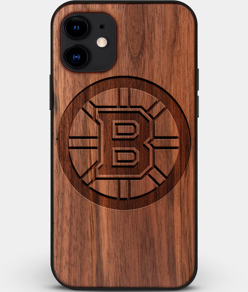 Custom Carved Wood Boston Bruins iPhone 11 Case | Personalized Walnut Wood Boston Bruins Cover, Birthday Gift, Gifts For Him, Monogrammed Gift For Fan | by Engraved In Nature