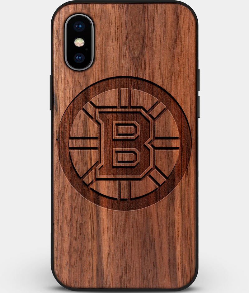 Custom Carved Wood Boston Bruins iPhone X/XS Case | Personalized Walnut Wood Boston Bruins Cover, Birthday Gift, Gifts For Him, Monogrammed Gift For Fan | by Engraved In Nature