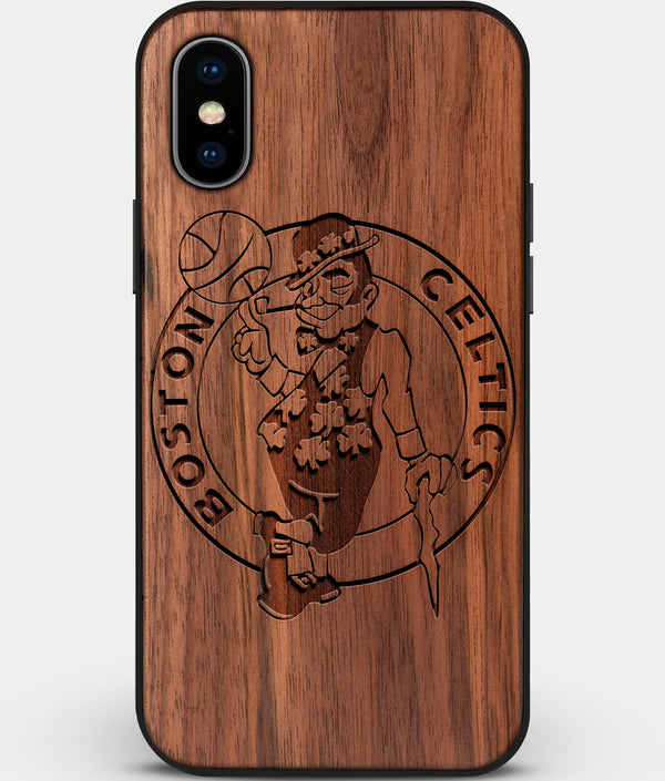 Custom Carved Wood Boston Celtics iPhone X/XS Case | Personalized Walnut Wood Boston Celtics Cover, Birthday Gift, Gifts For Him, Monogrammed Gift For Fan | by Engraved In Nature