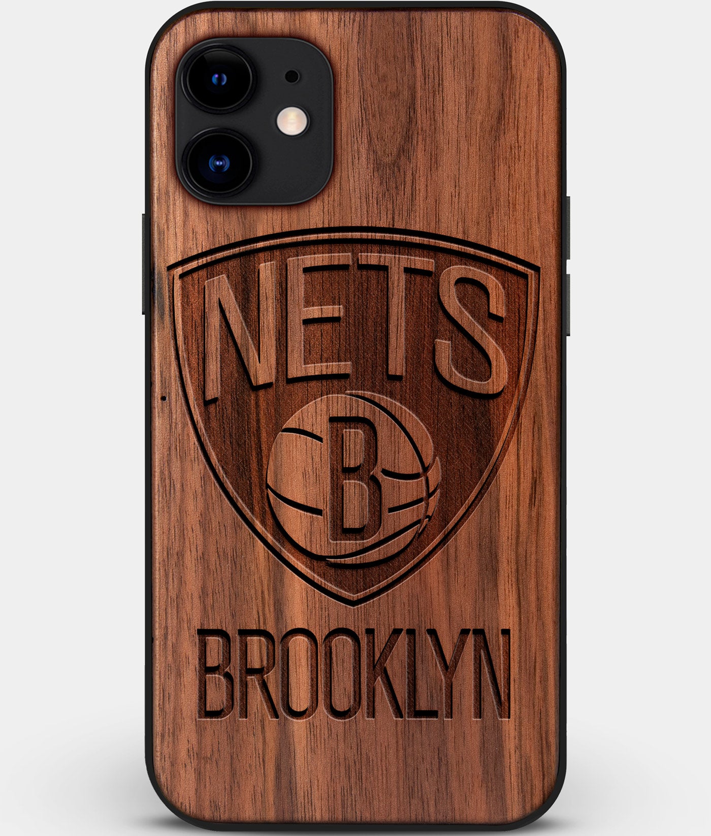 Custom Carved Wood Brooklyn Nets iPhone 12 Mini Case | Personalized Walnut Wood Brooklyn Nets Cover, Birthday Gift, Gifts For Him, Monogrammed Gift For Fan | by Engraved In Nature