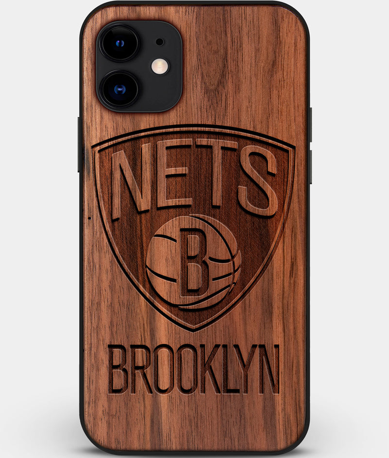 Custom Carved Wood Brooklyn Nets iPhone 12 Mini Case | Personalized Walnut Wood Brooklyn Nets Cover, Birthday Gift, Gifts For Him, Monogrammed Gift For Fan | by Engraved In Nature