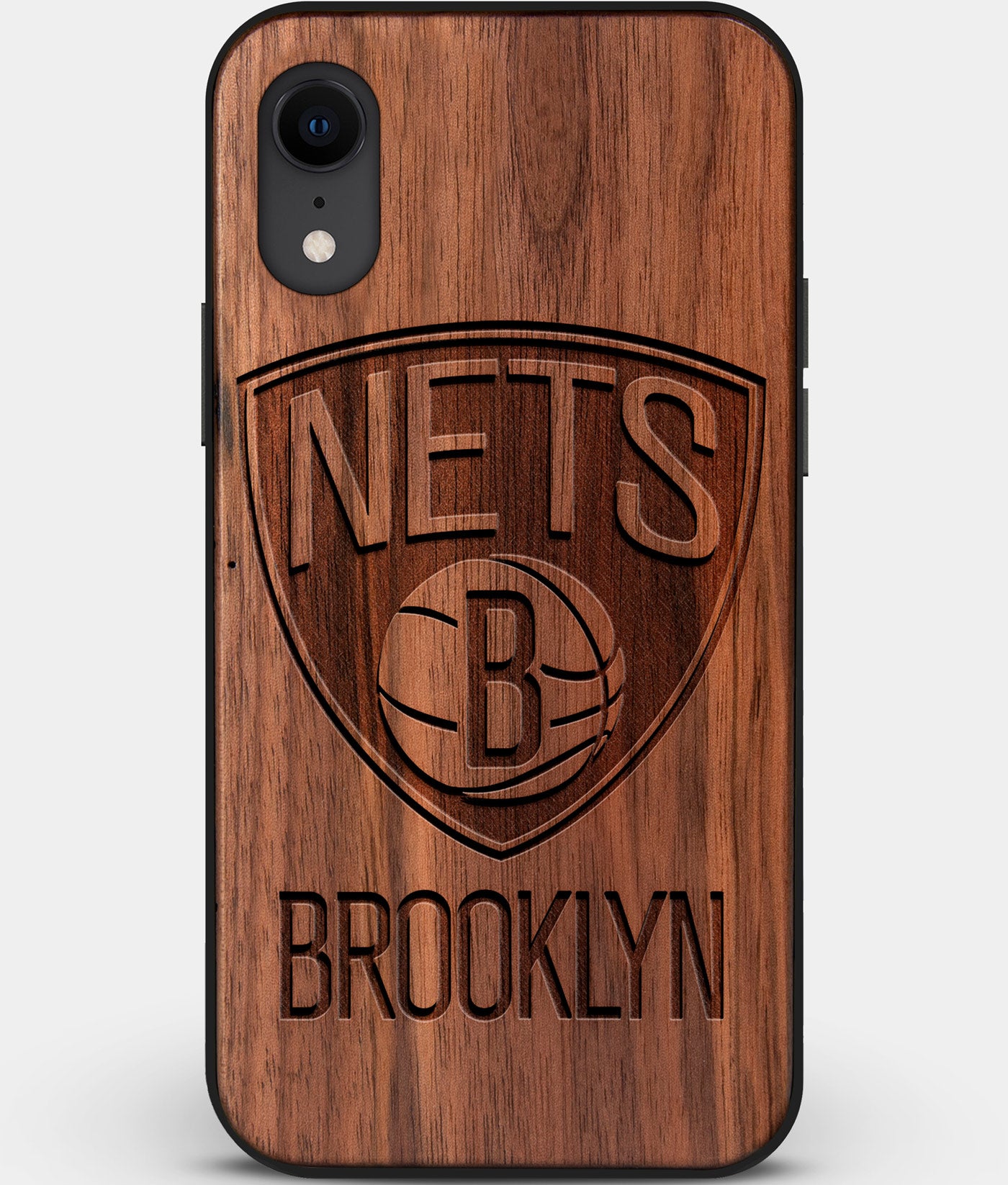 Custom Carved Wood Brooklyn Nets iPhone XR Case | Personalized Walnut Wood Brooklyn Nets Cover, Birthday Gift, Gifts For Him, Monogrammed Gift For Fan | by Engraved In Nature