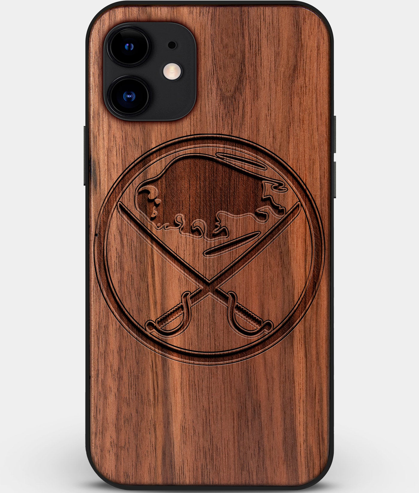 Custom Carved Wood Buffalo Sabres iPhone 11 Case | Personalized Walnut Wood Buffalo Sabres Cover, Birthday Gift, Gifts For Him, Monogrammed Gift For Fan | by Engraved In Nature
