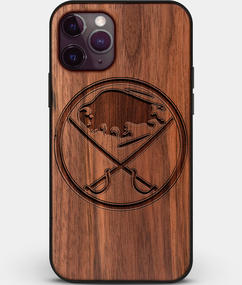 Custom Carved Wood Buffalo Sabres iPhone 11 Pro Case | Personalized Walnut Wood Buffalo Sabres Cover, Birthday Gift, Gifts For Him, Monogrammed Gift For Fan | by Engraved In Nature