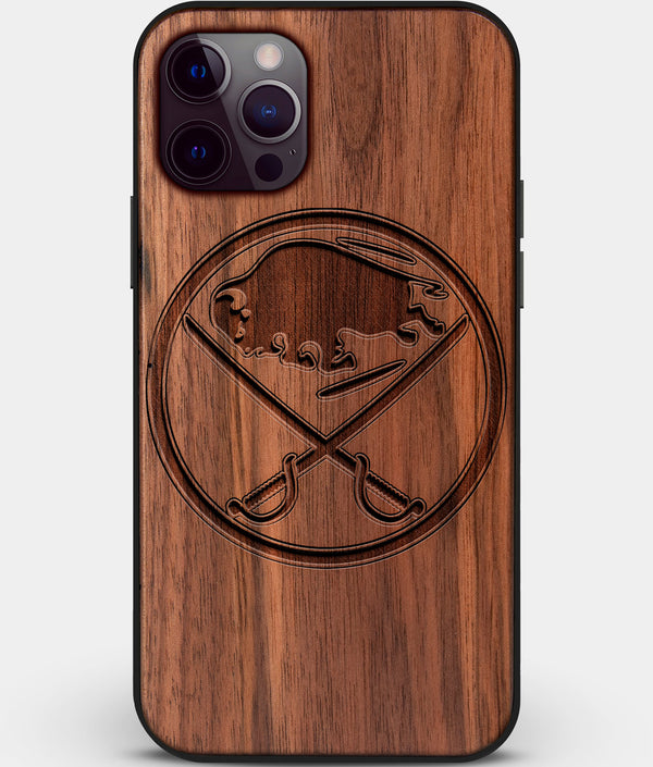 Custom Carved Wood Buffalo Sabres iPhone 12 Pro Case | Personalized Walnut Wood Buffalo Sabres Cover, Birthday Gift, Gifts For Him, Monogrammed Gift For Fan | by Engraved In Nature