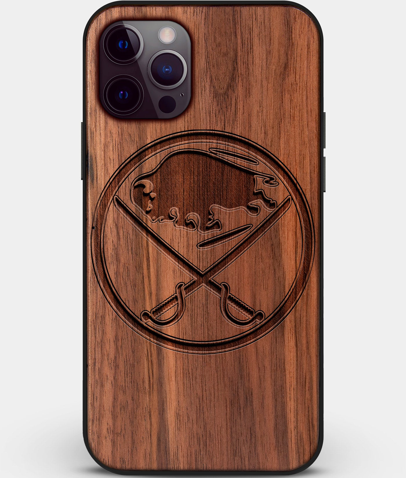 Custom Carved Wood Buffalo Sabres iPhone 12 Pro Max Case | Personalized Walnut Wood Buffalo Sabres Cover, Birthday Gift, Gifts For Him, Monogrammed Gift For Fan | by Engraved In Nature