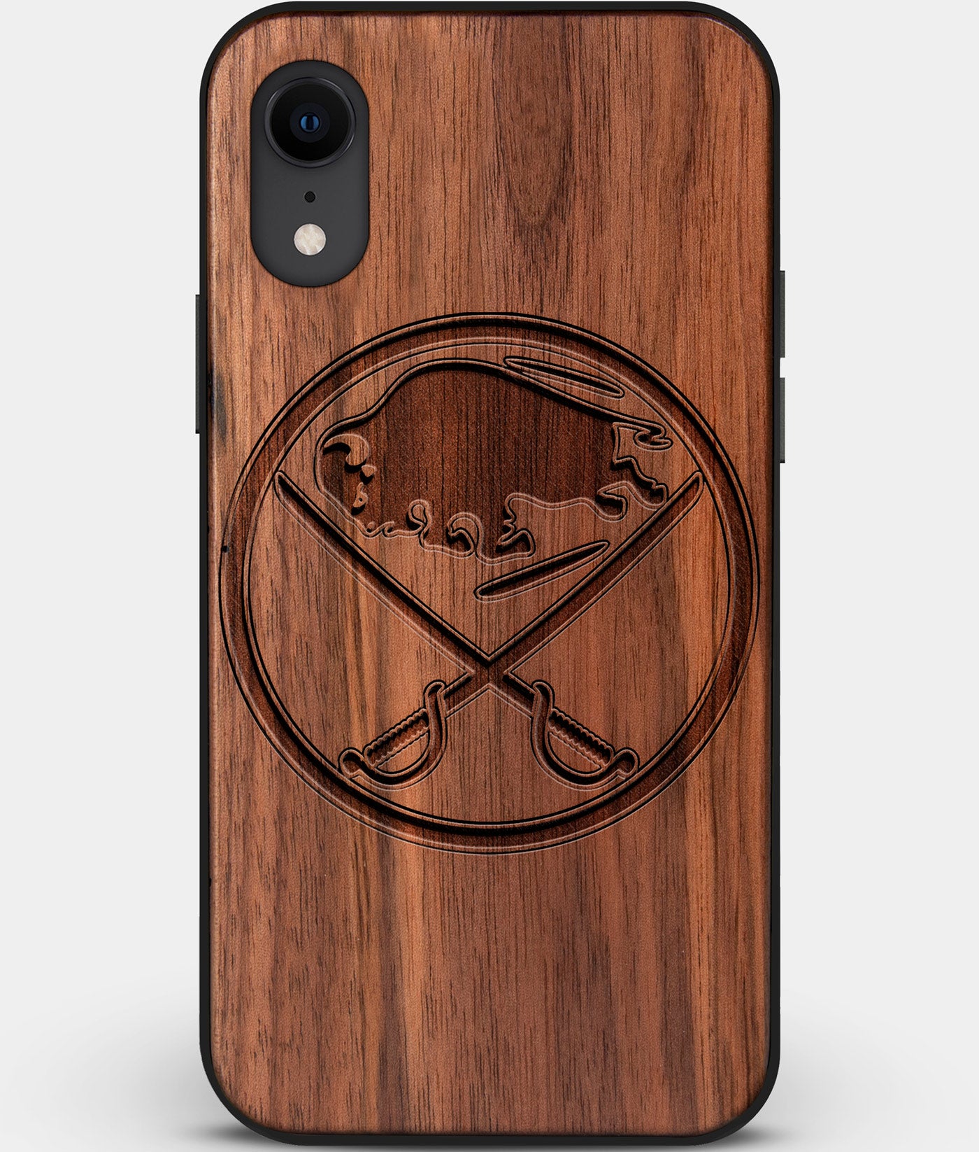Custom Carved Wood Buffalo Sabres iPhone XR Case | Personalized Walnut Wood Buffalo Sabres Cover, Birthday Gift, Gifts For Him, Monogrammed Gift For Fan | by Engraved In Nature