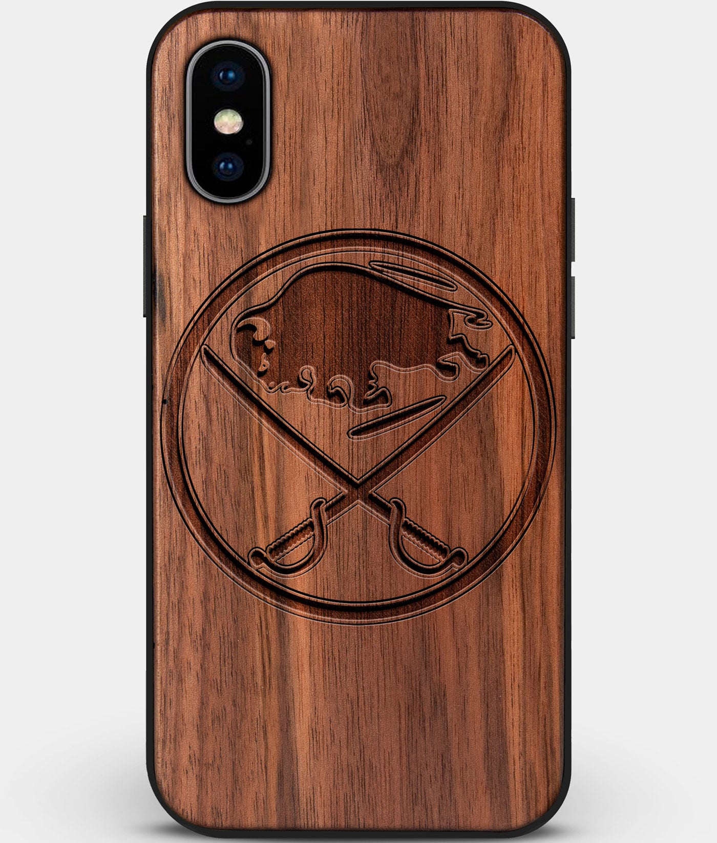 Custom Carved Wood Buffalo Sabres iPhone X/XS Case | Personalized Walnut Wood Buffalo Sabres Cover, Birthday Gift, Gifts For Him, Monogrammed Gift For Fan | by Engraved In Nature