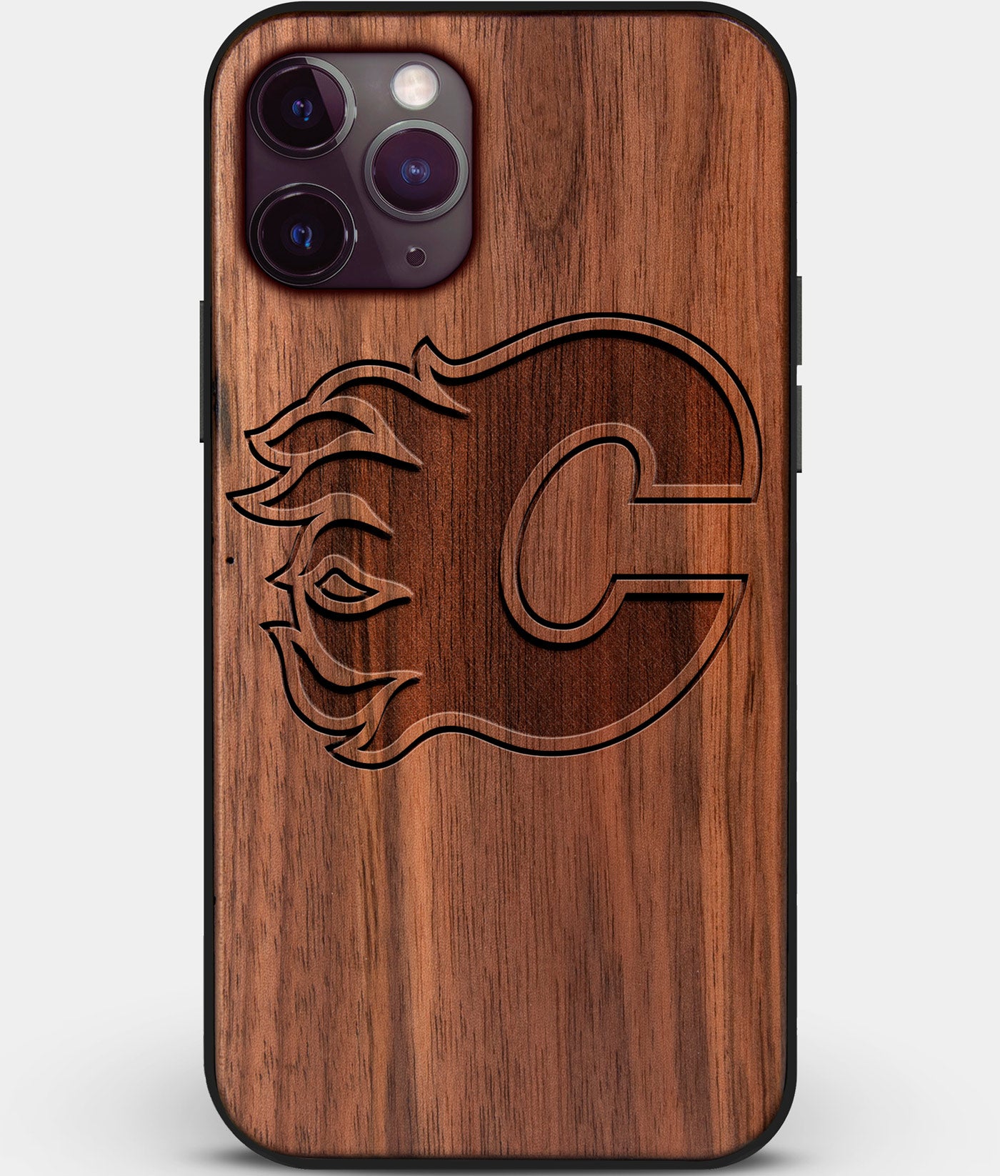 Custom Carved Wood Calgary Flames iPhone 11 Pro Case | Personalized Walnut Wood Calgary Flames Cover, Birthday Gift, Gifts For Him, Monogrammed Gift For Fan | by Engraved In Nature