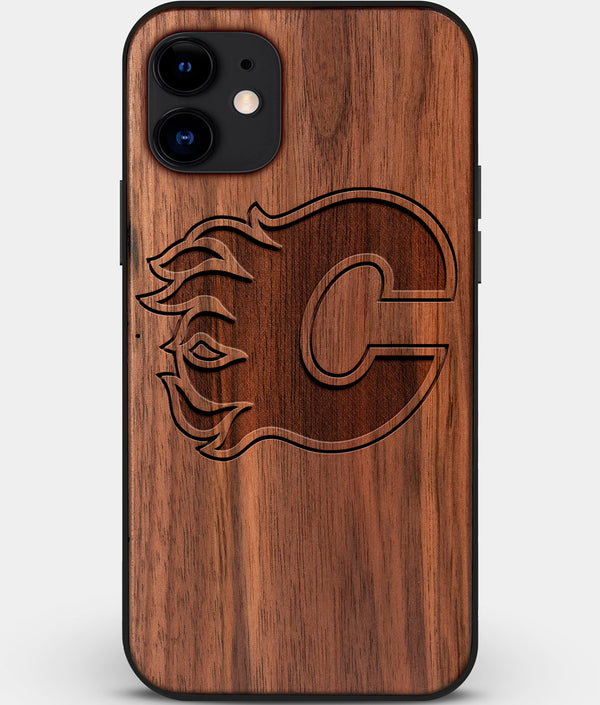 Custom Carved Wood Calgary Flames iPhone 12 Case | Personalized Walnut Wood Calgary Flames Cover, Birthday Gift, Gifts For Him, Monogrammed Gift For Fan | by Engraved In Nature