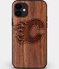 Custom Carved Wood Calgary Flames iPhone 12 Mini Case | Personalized Walnut Wood Calgary Flames Cover, Birthday Gift, Gifts For Him, Monogrammed Gift For Fan | by Engraved In Nature