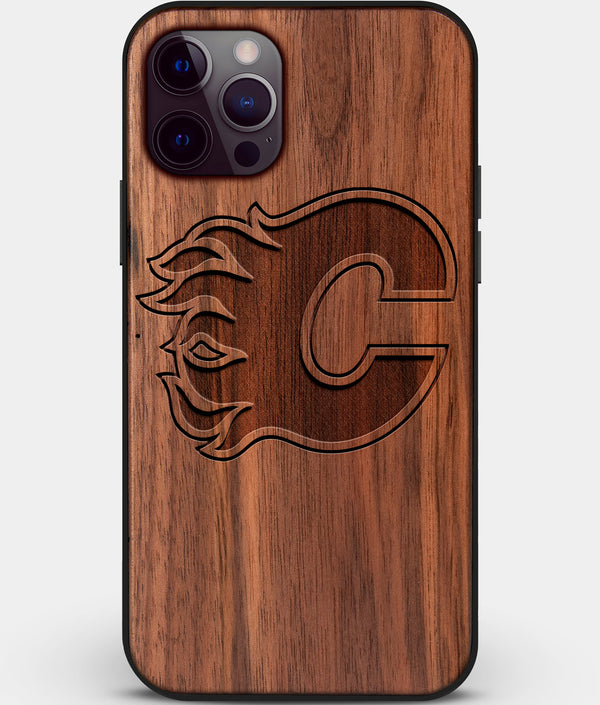 Custom Carved Wood Calgary Flames iPhone 12 Pro Case | Personalized Walnut Wood Calgary Flames Cover, Birthday Gift, Gifts For Him, Monogrammed Gift For Fan | by Engraved In Nature