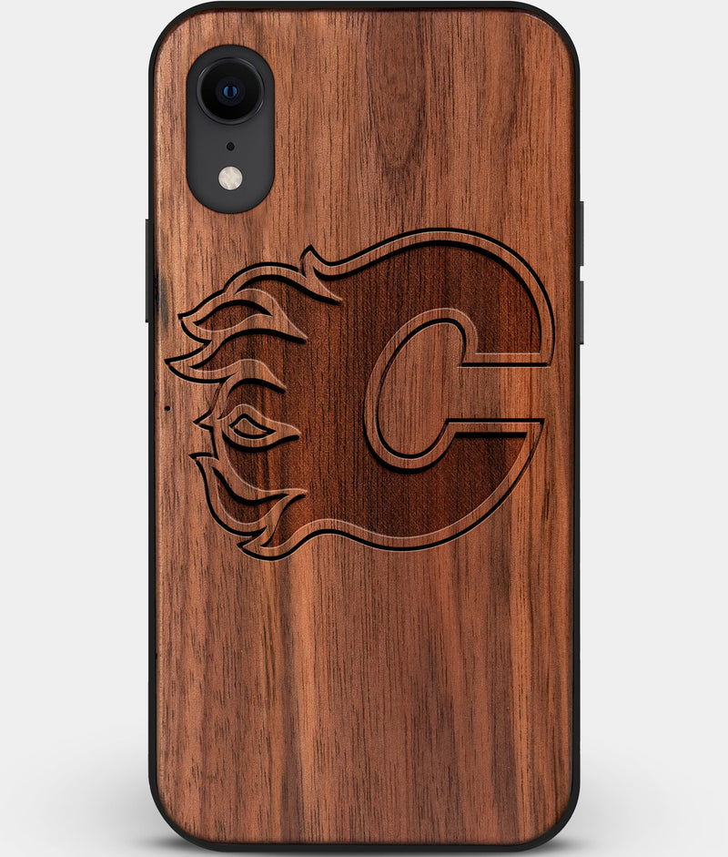 Custom Carved Wood Calgary Flames iPhone XR Case | Personalized Walnut Wood Calgary Flames Cover, Birthday Gift, Gifts For Him, Monogrammed Gift For Fan | by Engraved In Nature