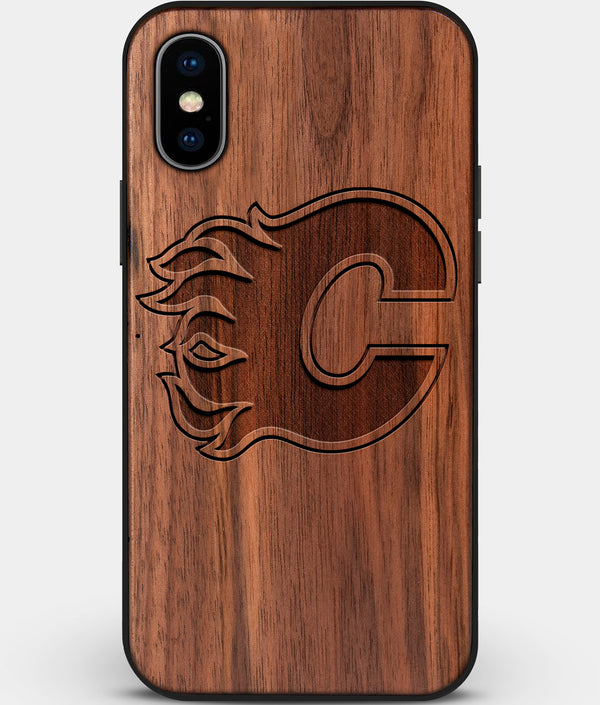 Custom Carved Wood Calgary Flames iPhone X/XS Case | Personalized Walnut Wood Calgary Flames Cover, Birthday Gift, Gifts For Him, Monogrammed Gift For Fan | by Engraved In Nature