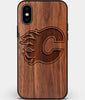 Custom Carved Wood Calgary Flames iPhone X/XS Case | Personalized Walnut Wood Calgary Flames Cover, Birthday Gift, Gifts For Him, Monogrammed Gift For Fan | by Engraved In Nature
