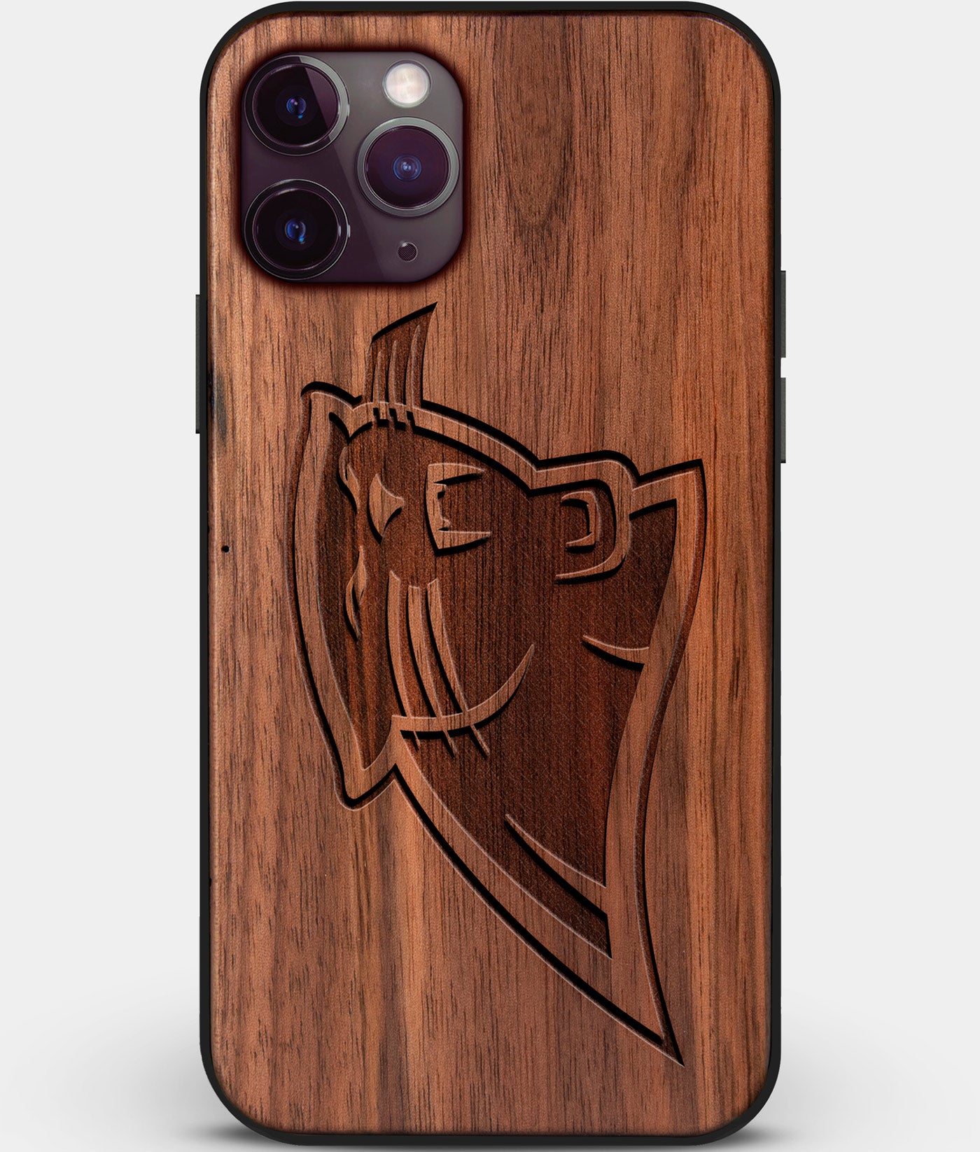Custom Carved Wood Carolina Panthers iPhone 11 Pro Case | Personalized Walnut Wood Carolina Panthers Cover, Birthday Gift, Gifts For Him, Monogrammed Gift For Fan | by Engraved In Nature