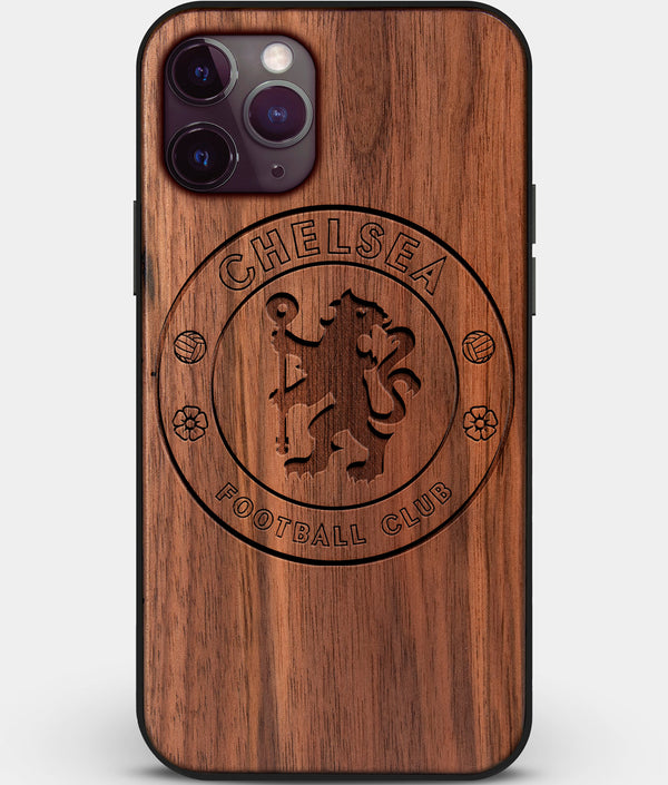 Custom Carved Wood Chelsea F.C. iPhone 11 Pro Case | Personalized Walnut Wood Chelsea F.C. Cover, Birthday Gift, Gifts For Him, Monogrammed Gift For Fan | by Engraved In Nature