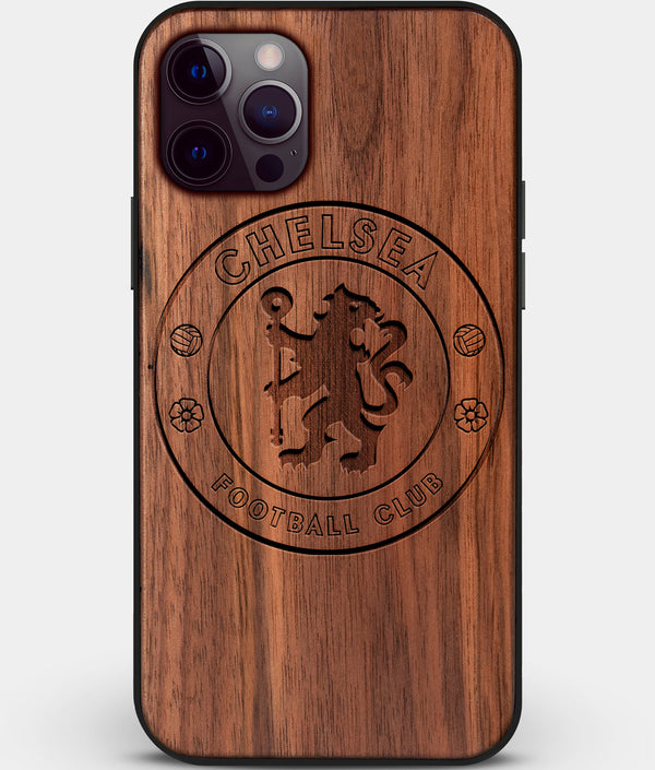 Custom Carved Wood Chelsea F.C. iPhone 12 Pro Case | Personalized Walnut Wood Chelsea F.C. Cover, Birthday Gift, Gifts For Him, Monogrammed Gift For Fan | by Engraved In Nature