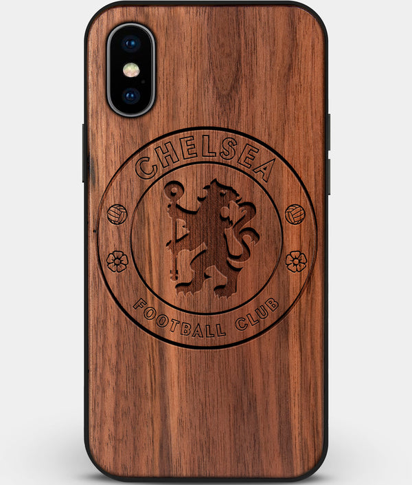 Custom Carved Wood Chelsea F.C. iPhone X/XS Case | Personalized Walnut Wood Chelsea F.C. Cover, Birthday Gift, Gifts For Him, Monogrammed Gift For Fan | by Engraved In Nature