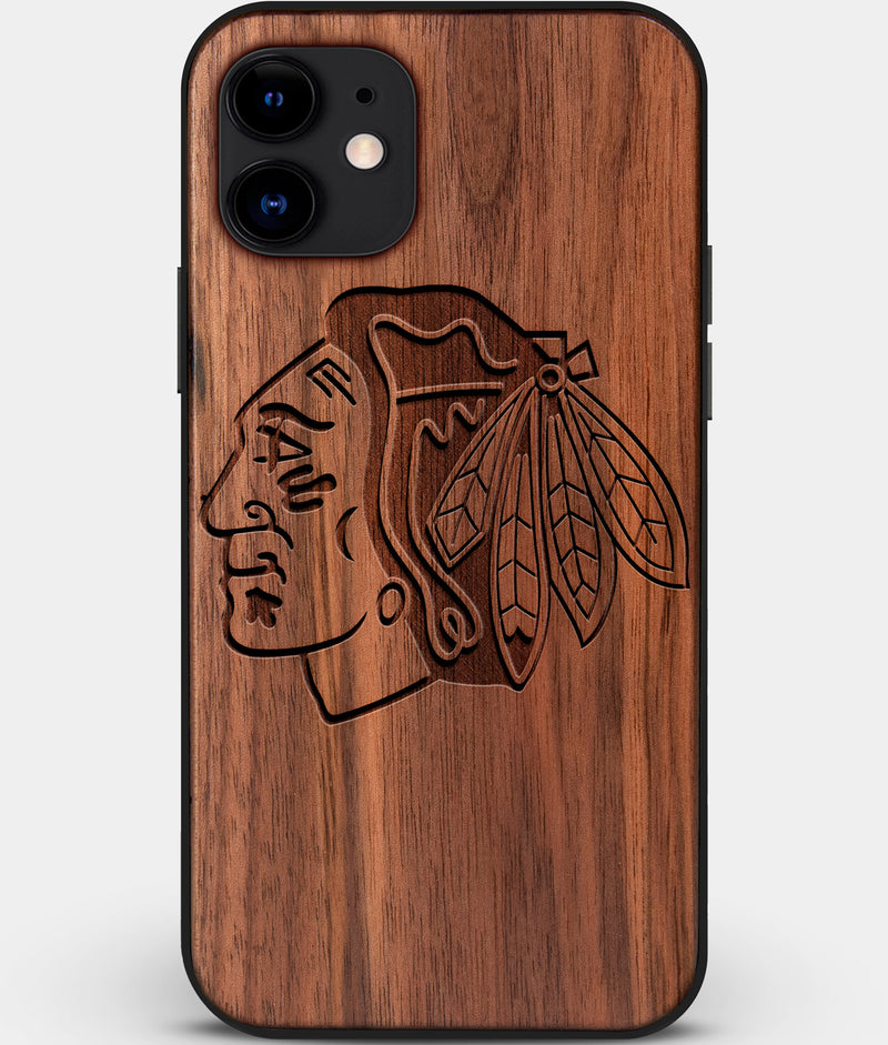 Custom Carved Wood Chicago Blackhawks iPhone 11 Case | Personalized Walnut Wood Chicago Blackhawks Cover, Birthday Gift, Gifts For Him, Monogrammed Gift For Fan | by Engraved In Nature