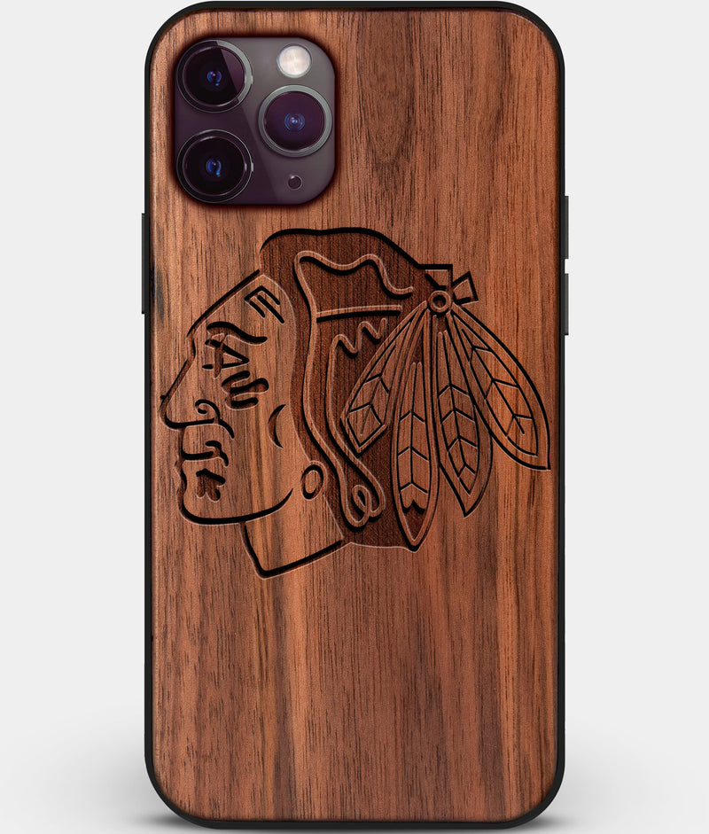 Custom Carved Wood Chicago Blackhawks iPhone 11 Pro Case | Personalized Walnut Wood Chicago Blackhawks Cover, Birthday Gift, Gifts For Him, Monogrammed Gift For Fan | by Engraved In Nature