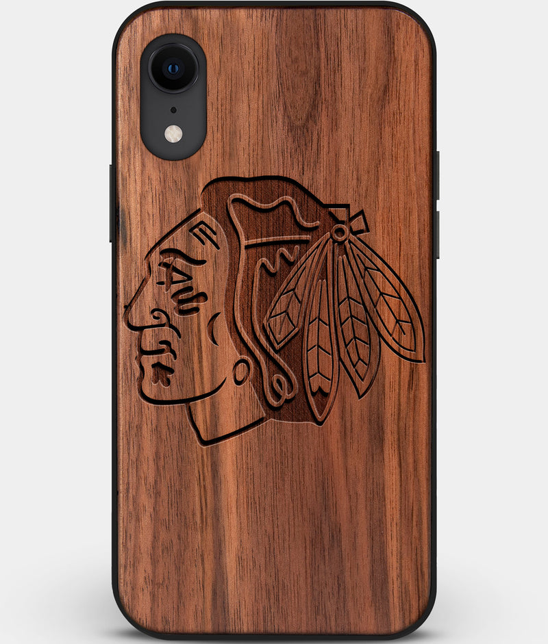 Custom Carved Wood Chicago Blackhawks iPhone XR Case | Personalized Walnut Wood Chicago Blackhawks Cover, Birthday Gift, Gifts For Him, Monogrammed Gift For Fan | by Engraved In Nature