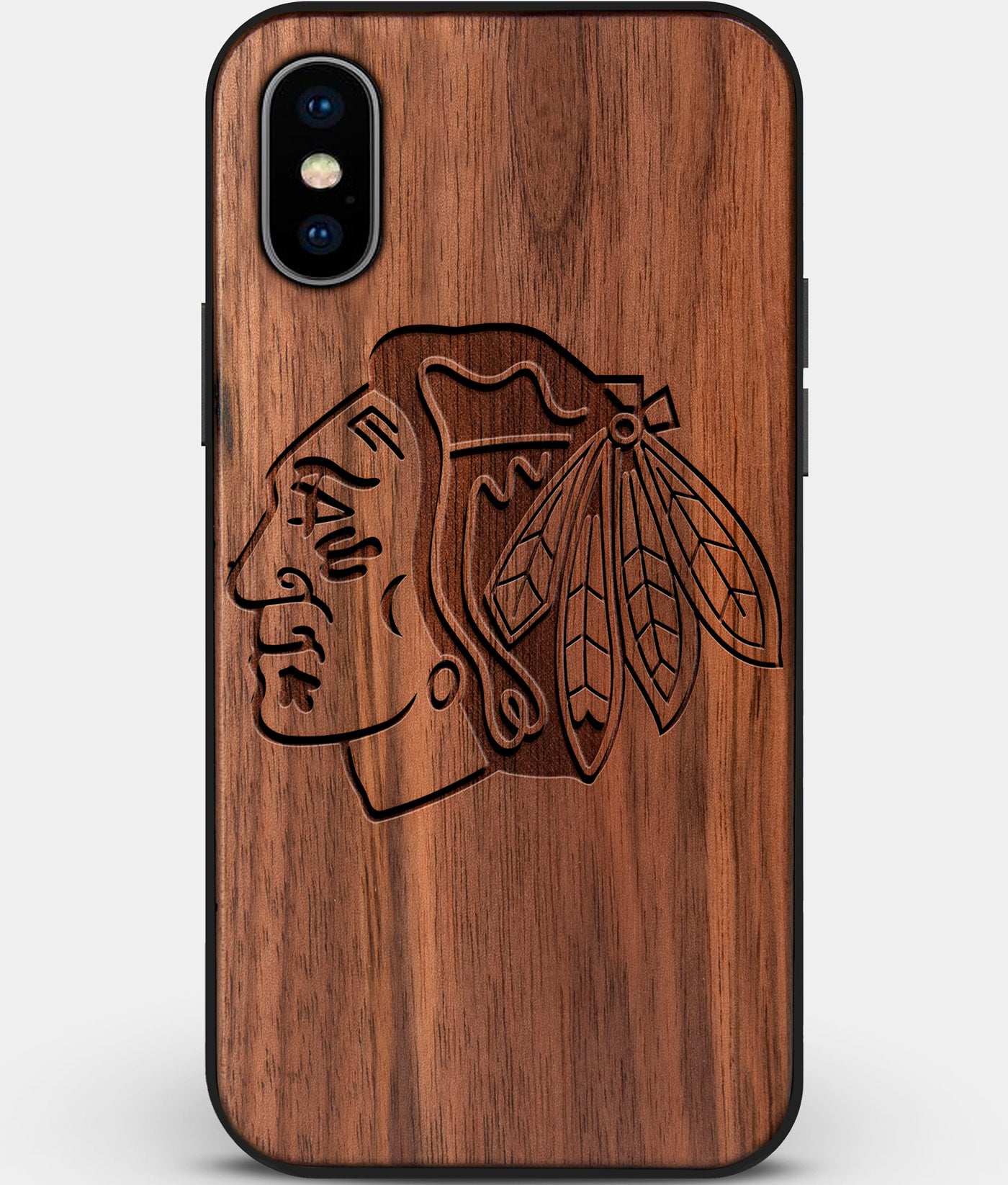 Custom Carved Wood Chicago Blackhawks iPhone X/XS Case | Personalized Walnut Wood Chicago Blackhawks Cover, Birthday Gift, Gifts For Him, Monogrammed Gift For Fan | by Engraved In Nature