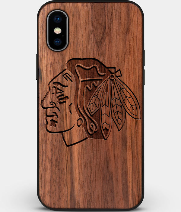 Custom Carved Wood Chicago Blackhawks iPhone XS Max Case | Personalized Walnut Wood Chicago Blackhawks Cover, Birthday Gift, Gifts For Him, Monogrammed Gift For Fan | by Engraved In Nature