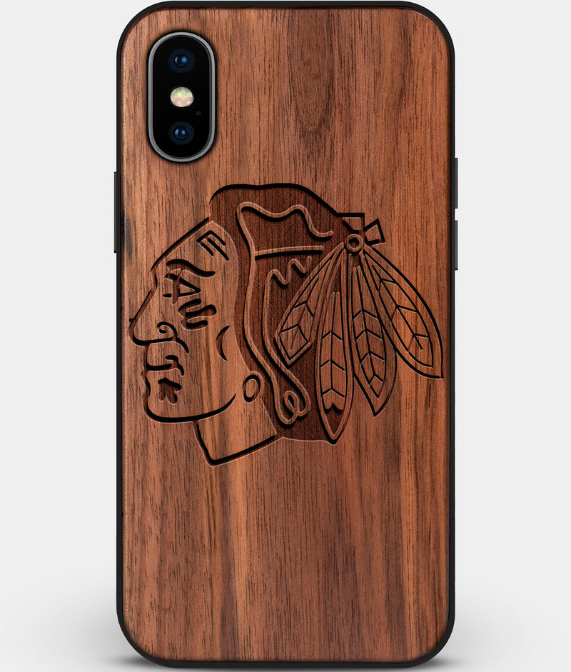 Custom Carved Wood Chicago Blackhawks iPhone XS Max Case | Personalized Walnut Wood Chicago Blackhawks Cover, Birthday Gift, Gifts For Him, Monogrammed Gift For Fan | by Engraved In Nature