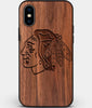 Custom Carved Wood Chicago Blackhawks iPhone XS Max Case | Personalized Walnut Wood Chicago Blackhawks Cover, Birthday Gift, Gifts For Him, Monogrammed Gift For Fan | by Engraved In Nature