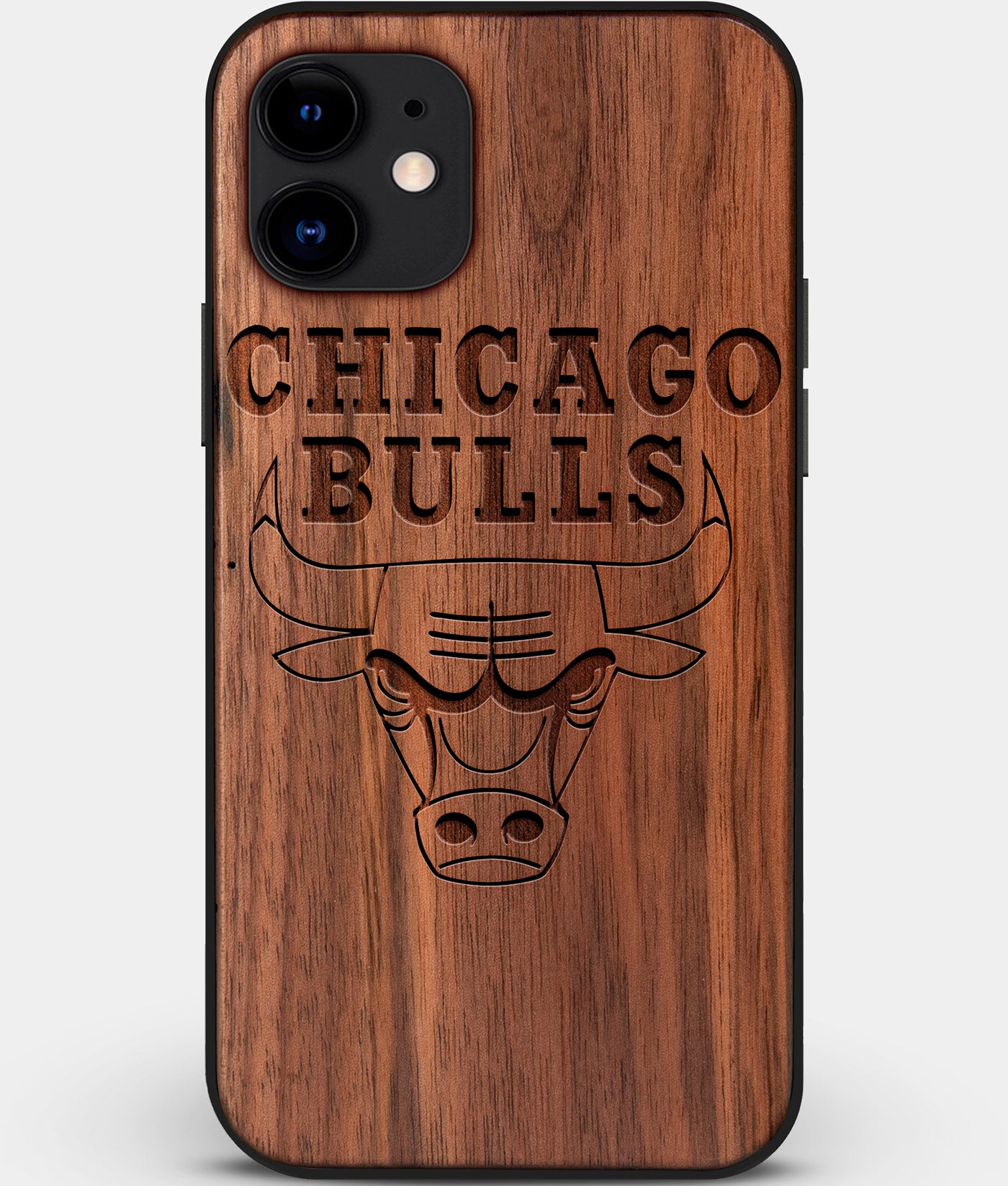 Custom Carved Wood Chicago Bulls iPhone 11 Case | Personalized Walnut Wood Chicago Bulls Cover, Birthday Gift, Gifts For Him, Monogrammed Gift For Fan | by Engraved In Nature