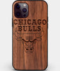 Custom Carved Wood Chicago Bulls iPhone 12 Pro Case | Personalized Walnut Wood Chicago Bulls Cover, Birthday Gift, Gifts For Him, Monogrammed Gift For Fan | by Engraved In Nature