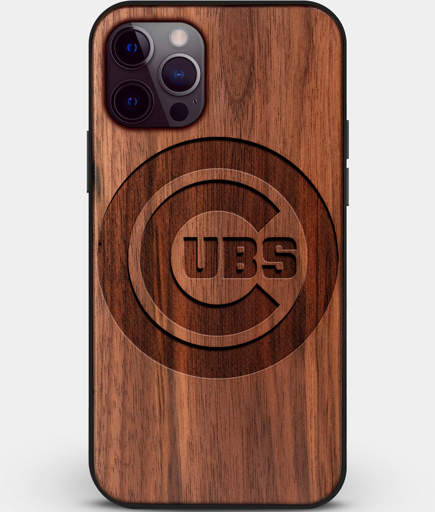 Custom Carved Wood Chicago Cubs iPhone 12 Pro Case | Personalized Walnut Wood Chicago Cubs Cover, Birthday Gift, Gifts For Him, Monogrammed Gift For Fan | by Engraved In Nature