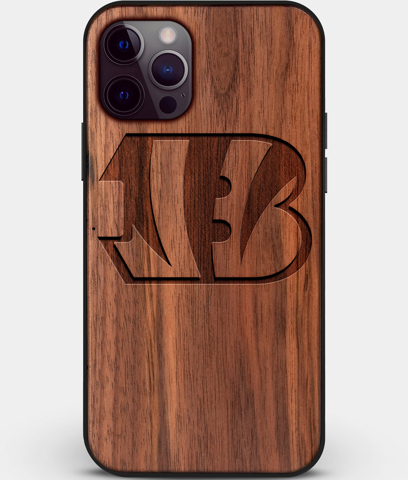 Custom Carved Wood Cincinnati Bengals iPhone 12 Pro Case | Personalized Walnut Wood Cincinnati Bengals Cover, Birthday Gift, Gifts For Him, Monogrammed Gift For Fan | by Engraved In Nature