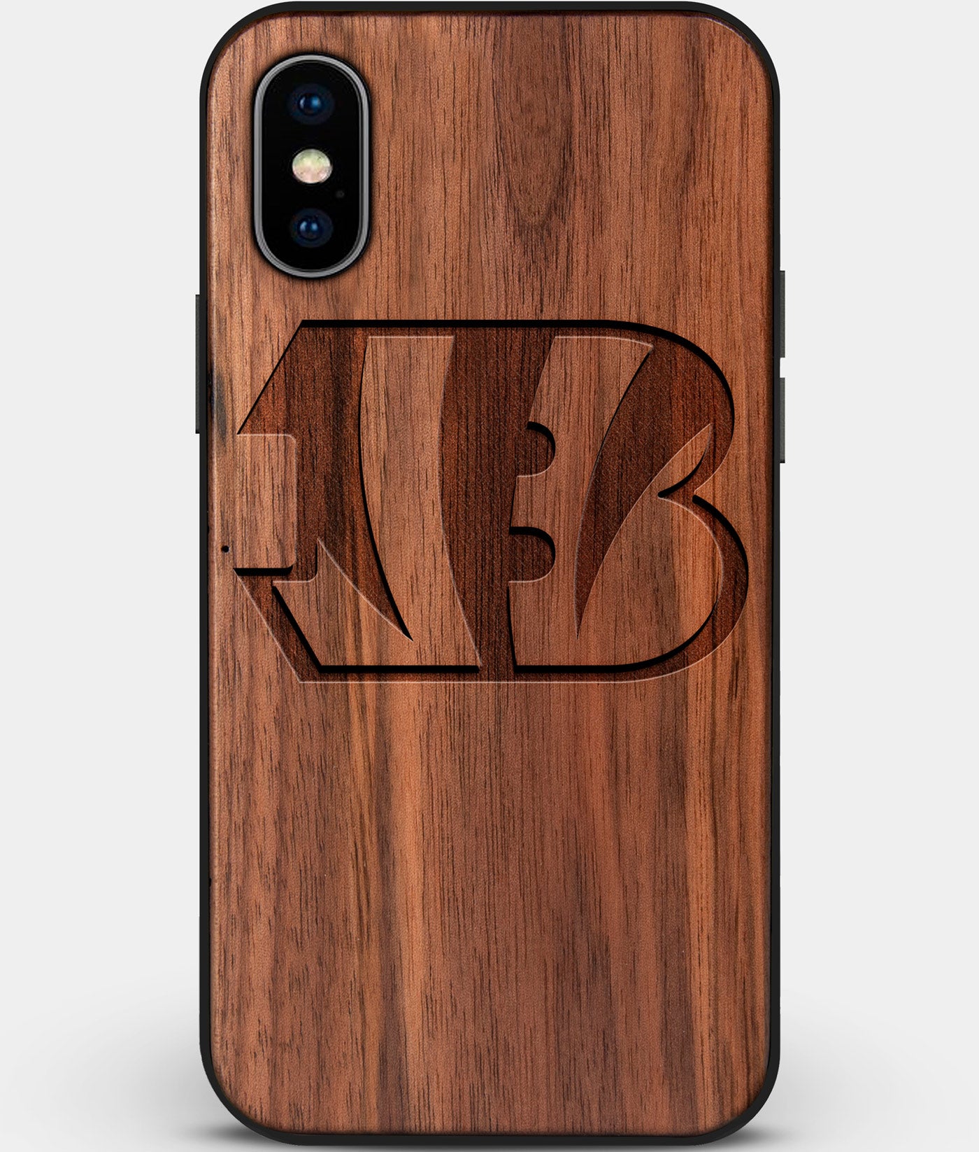 Custom Carved Wood Cincinnati Bengals iPhone X/XS Case | Personalized Walnut Wood Cincinnati Bengals Cover, Birthday Gift, Gifts For Him, Monogrammed Gift For Fan | by Engraved In Nature