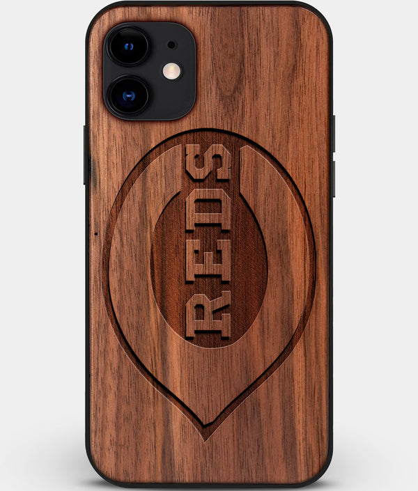 Custom Carved Wood Cincinnati Reds iPhone 11 Case | Personalized Walnut Wood Cincinnati Reds Cover, Birthday Gift, Gifts For Him, Monogrammed Gift For Fan | by Engraved In Nature