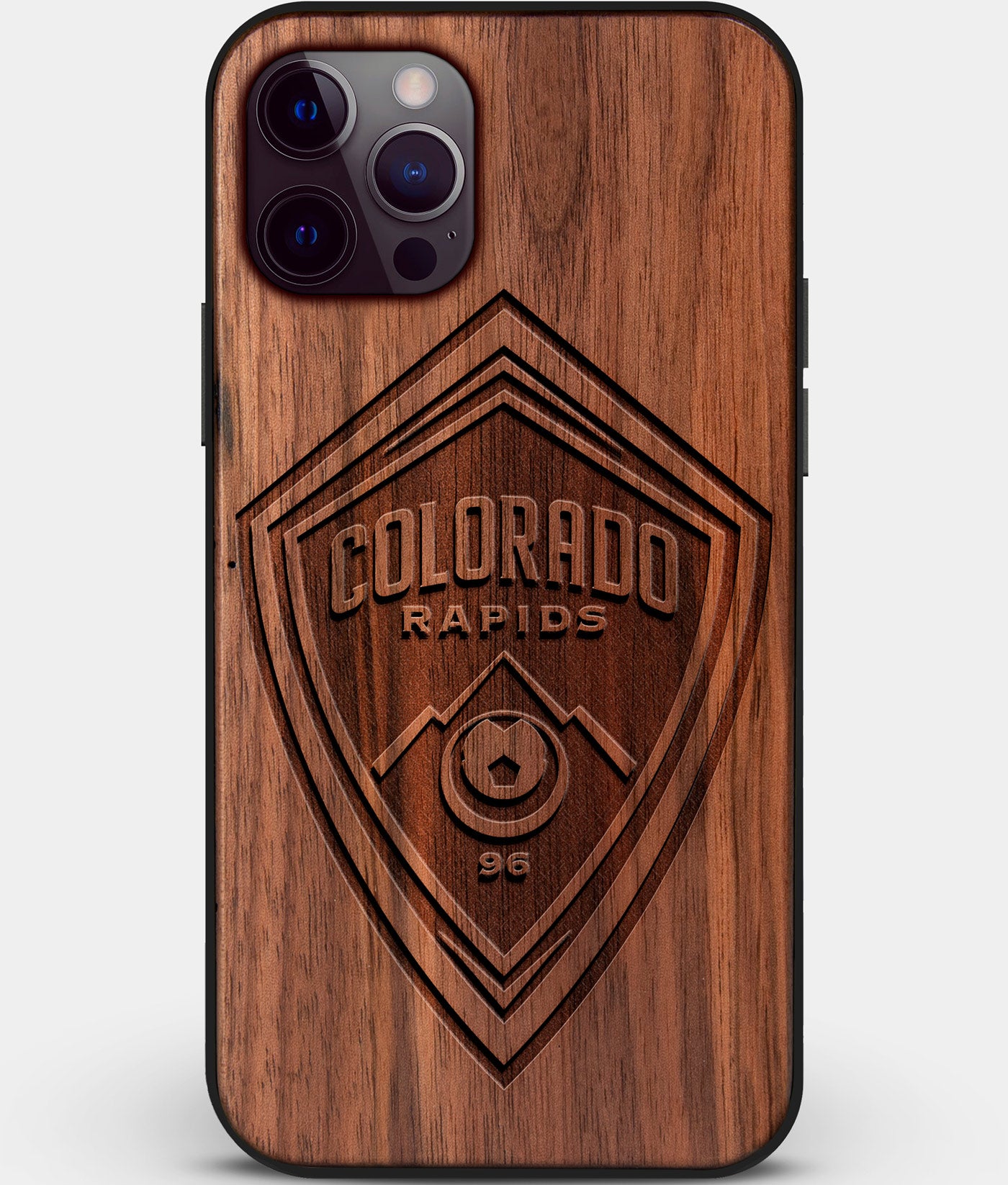 Custom Carved Wood Colorado Rapids iPhone 12 Pro Case | Personalized Walnut Wood Colorado Rapids Cover, Birthday Gift, Gifts For Him, Monogrammed Gift For Fan | by Engraved In Nature