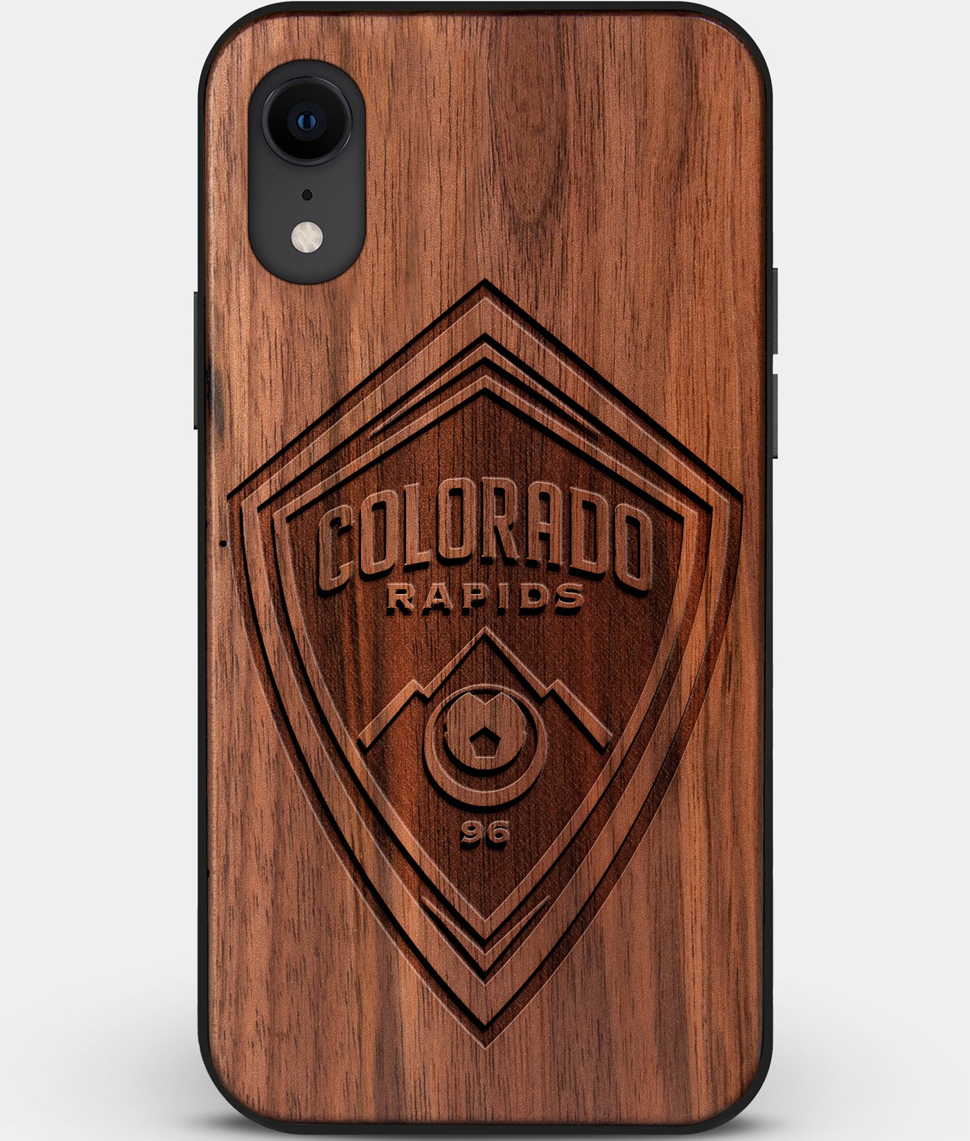 Custom Carved Wood Colorado Rapids iPhone XR Case | Personalized Walnut Wood Colorado Rapids Cover, Birthday Gift, Gifts For Him, Monogrammed Gift For Fan | by Engraved In Nature