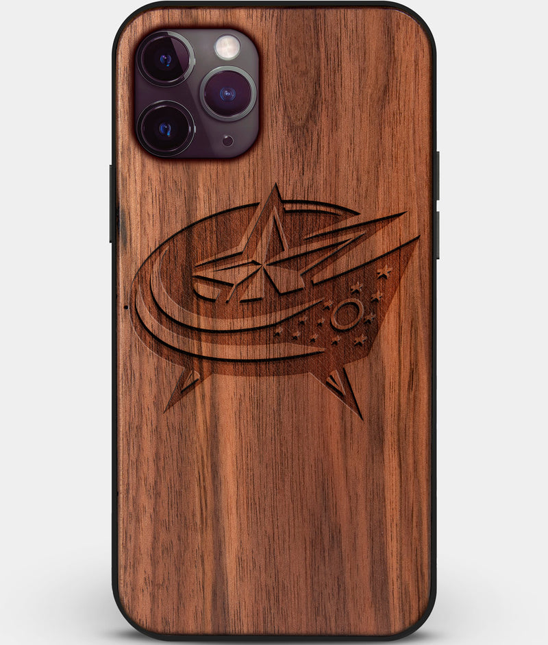 Custom Carved Wood Columbus Blue Jackets iPhone 11 Pro Max Case | Personalized Walnut Wood Columbus Blue Jackets Cover, Birthday Gift, Gifts For Him, Monogrammed Gift For Fan | by Engraved In Nature