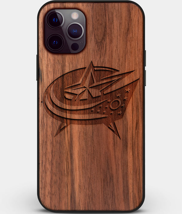 Custom Carved Wood Columbus Blue Jackets iPhone 12 Pro Max Case | Personalized Walnut Wood Columbus Blue Jackets Cover, Birthday Gift, Gifts For Him, Monogrammed Gift For Fan | by Engraved In Nature