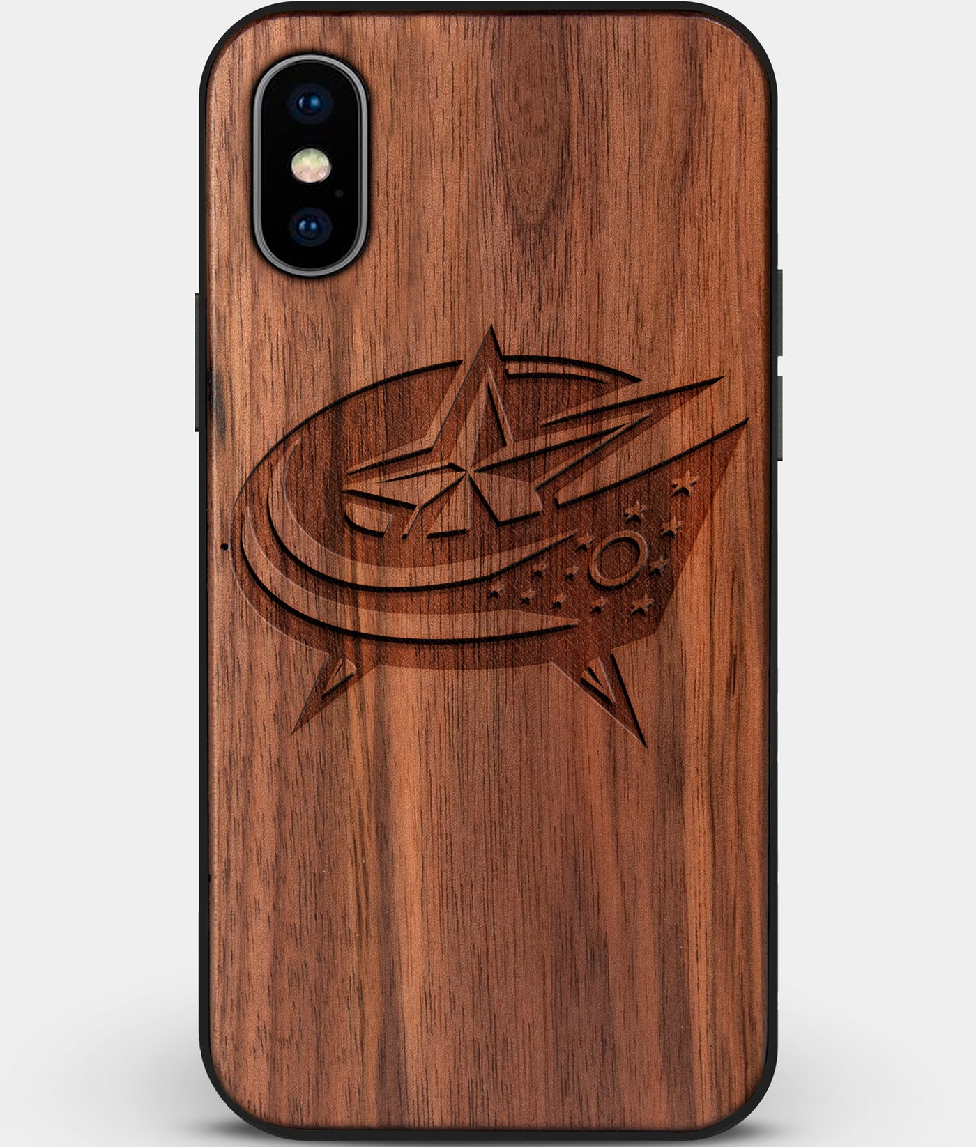 Custom Carved Wood Columbus Blue Jackets iPhone X/XS Case | Personalized Walnut Wood Columbus Blue Jackets Cover, Birthday Gift, Gifts For Him, Monogrammed Gift For Fan | by Engraved In Nature