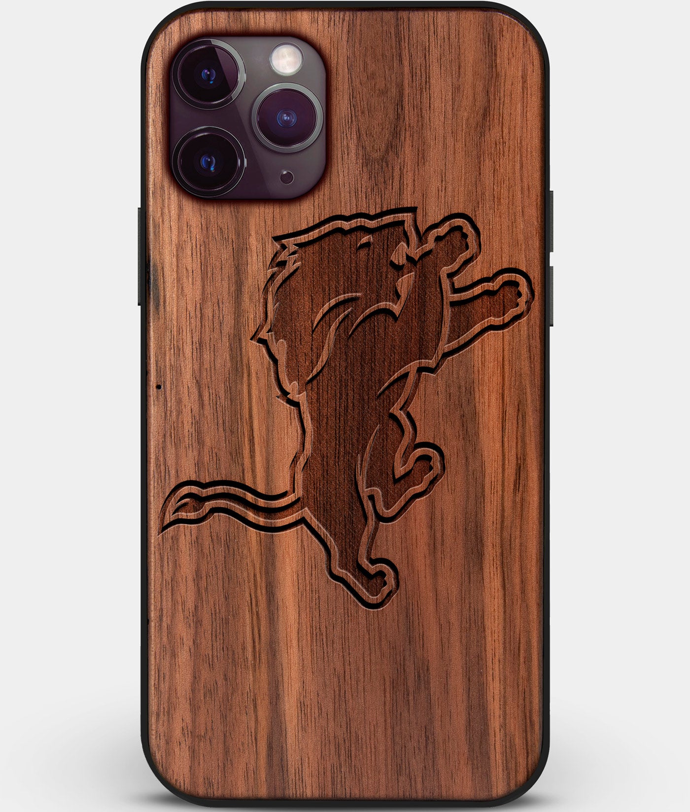 Custom Carved Wood Detroit Lions iPhone 11 Pro Case | Personalized Walnut Wood Detroit Lions Cover, Birthday Gift, Gifts For Him, Monogrammed Gift For Fan | by Engraved In Nature