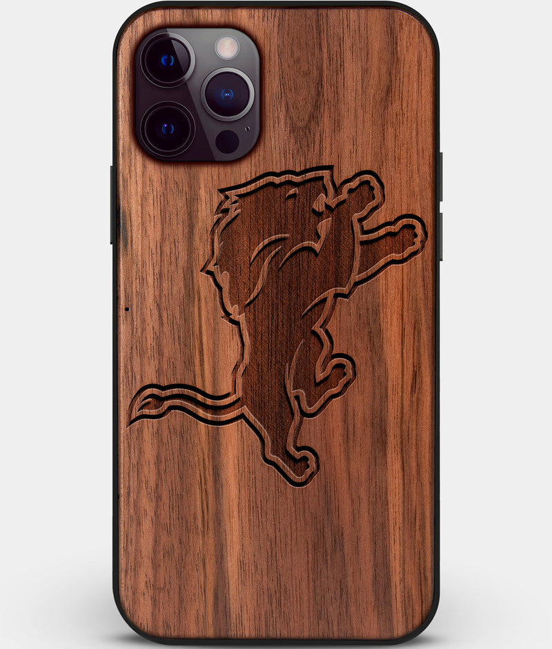 Custom Carved Wood Detroit Lions iPhone 12 Pro Case | Personalized Walnut Wood Detroit Lions Cover, Birthday Gift, Gifts For Him, Monogrammed Gift For Fan | by Engraved In Nature