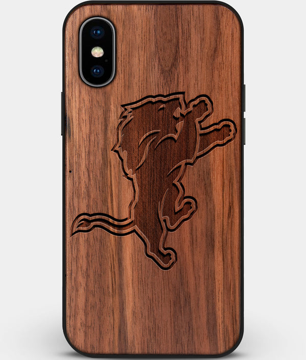 Custom Carved Wood Detroit Lions iPhone X/XS Case | Personalized Walnut Wood Detroit Lions Cover, Birthday Gift, Gifts For Him, Monogrammed Gift For Fan | by Engraved In Nature