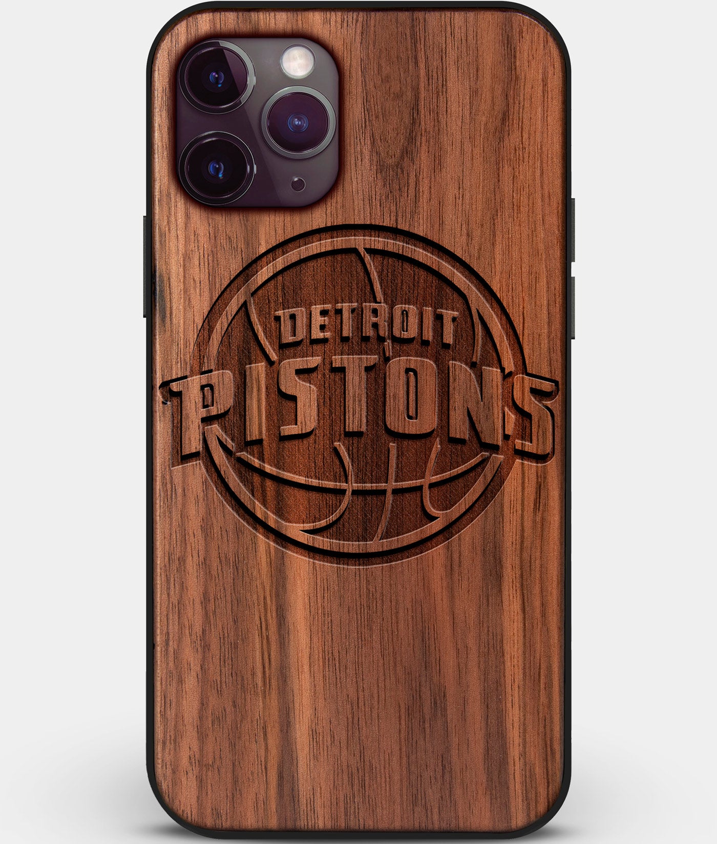 Custom Carved Wood Detroit Pistons iPhone 11 Pro Max Case | Personalized Walnut Wood Detroit Pistons Cover, Birthday Gift, Gifts For Him, Monogrammed Gift For Fan | by Engraved In Nature